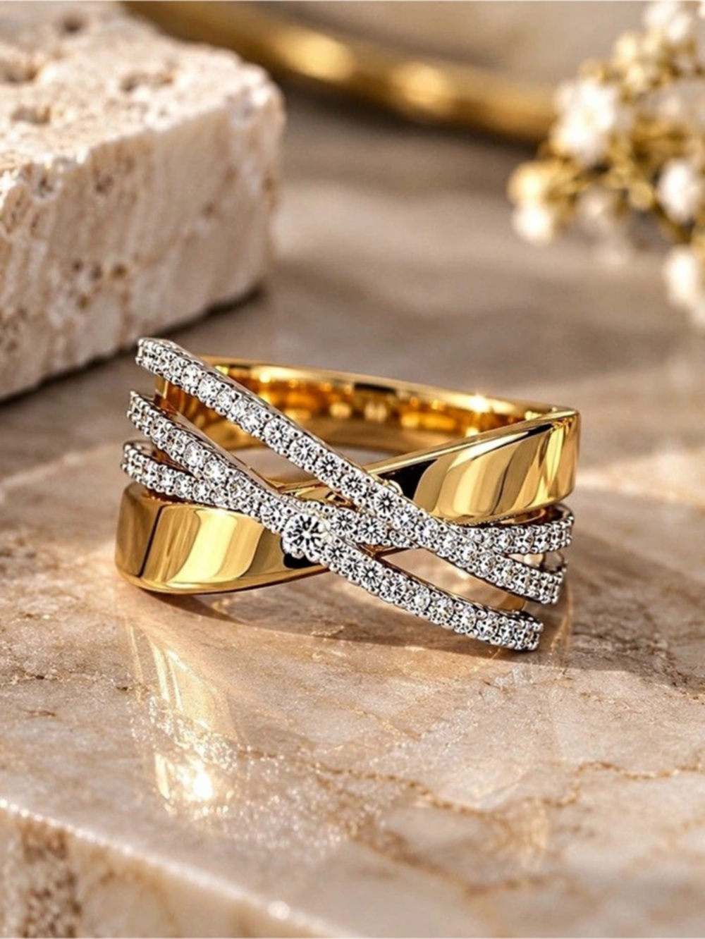 18K Gold Filled Two Tone Criss Cross Clear Stone Statement Ring Size 8